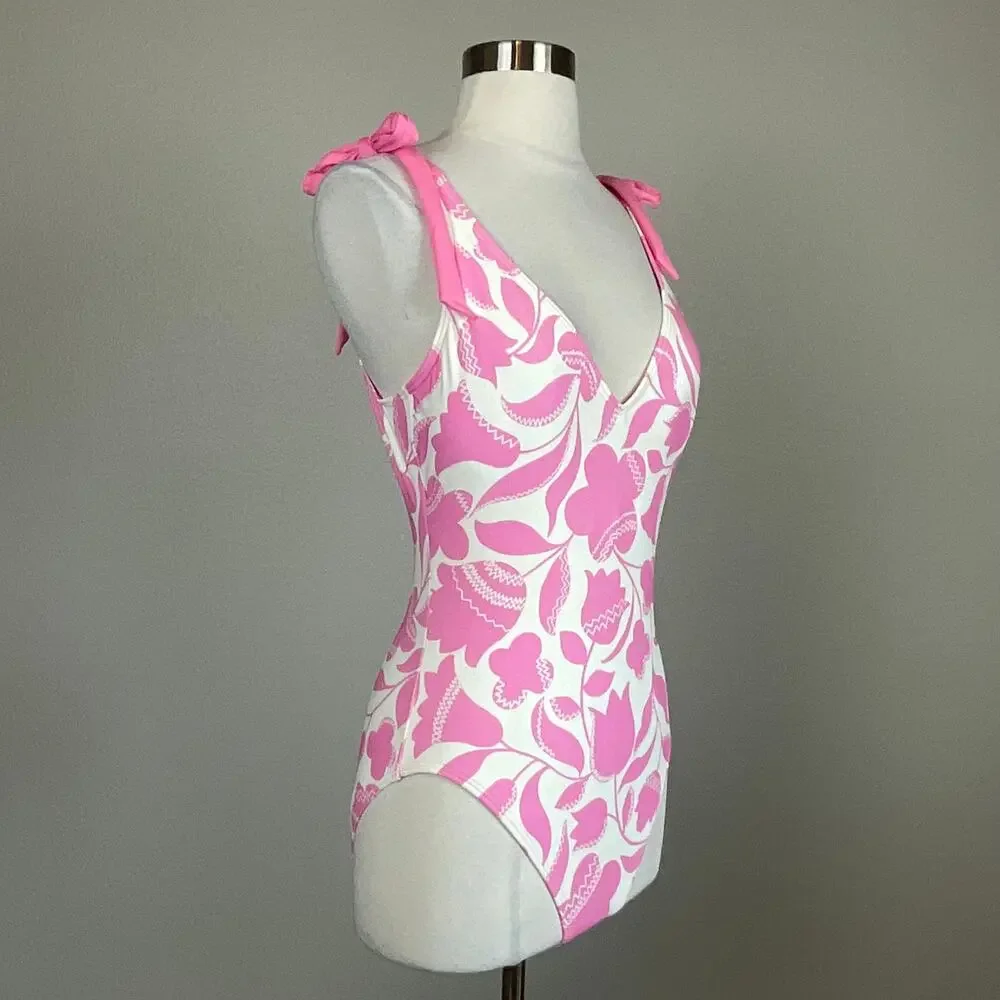 Kate Spade Pink and White Bathing Suit Floral One-Piece Scoop Back Size Medium - Picture 4 of 11